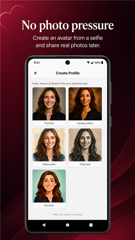 AI avatar selection — choose a style generated from your selfie