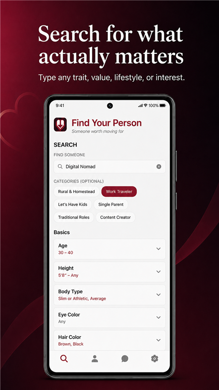 Search screen — type any value or lifestyle to find compatible people across the US